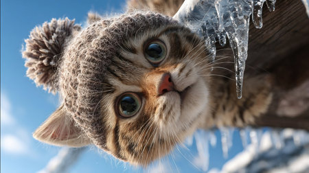 Adorable kitten wearing hat looking at the icicles on the snow-covered roof on the blue sky backgroundの素材