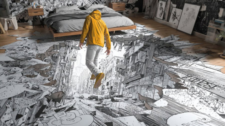 Person is stepping out of and breaking the panel border of a giant manga book. Real life versionの素材