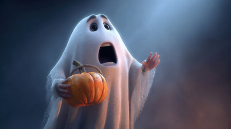 scary halloween ghost holding pumpkin, whimsical cartoonish styleの素材