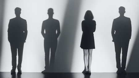 A clear image displaying silhouettes of five people two women and three men. They stand side-by-side against a bright white backdrop, their forms clearly outlined.の素材