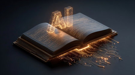 Futuristic AI learning concept with glowing open book and AI letters connected to circuit board on dark background. Artificial intelligence education and innovation.の素材