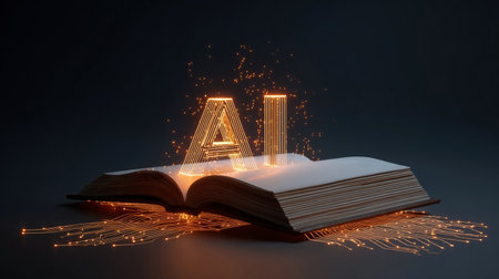 Futuristic AI learning concept with glowing open book and AI letters connected to circuit board on dark background. Artificial intelligence education and innovation.の素材