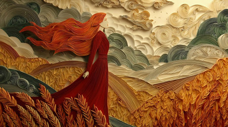 Papercut and quilling artwork of a white woman with long flowing red hair standing in golden autumn fields, soft wind moving her hair, warm sunlight filtering through embossed cloudsの素材