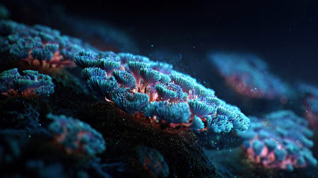 macro shot, a bioluminescent coral reef of ideas, the coral polyps are tiny pixels and glitching data streams, words and prompts flow like schools of neon fish, the heart of the reef pulses with a soft, intelligent lightの素材