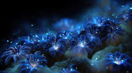 macro shot, a bioluminescent coral reef of ideas, the coral polyps are tiny pixels and glitching data streams, words and prompts flow like schools of neon fish, the heart of the reef pulses with a soft, intelligent lightの素材