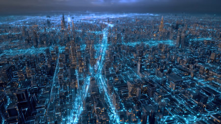 Futuristic Digital cyber world map earth metaverse 3D city virtual Smart city IOT internet of thing digital technology futuristic, automation management smart digital technology security power energyの素材