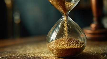 Closeup sand falling in hourglass standing at table in evening lit room. Macro view gold grains counting seconds inside elegant clock. Transparent timepiece showing time flowing.の素材