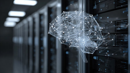 Abstract visualization of artificial intelligence connecting data servers. AI concept with brain network node linking to computer racks in a futuristic data center environmentの素材