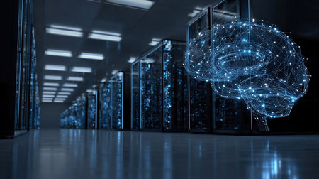 Abstract visualization of artificial intelligence connecting data servers. AI concept with brain network node linking to computer racks in a futuristic data center environmentの素材