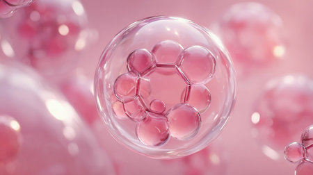 3D animation of a hyaluronic acid molecule encapsulated in a serum bubble, representing deep hydration, elasticity, and advanced skincare technology for beauty and wellnessの素材
