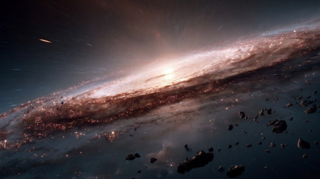 Flying near Galaxy Core and asteroids. A breathtaking view of a galaxy's core, with intense starbursts and swirling cosmic dust amidst the vast spaceの素材