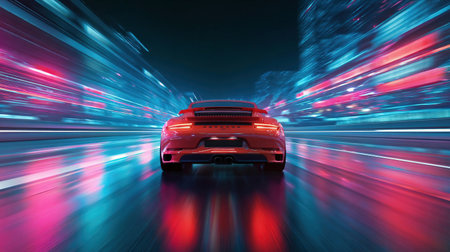 Rear view of a red sports car racing at high speed on neon highway. Power acceleration on a night track with colorful lights. Futuristic digital background. 3d concept of velocity and technology.の素材