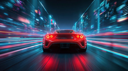Rear view of a red sports car racing at high speed on neon highway. Power acceleration on a night track with colorful lights. Futuristic digital background. 3d concept of velocity and technology.の素材