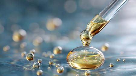 Cosmetic serum Oil drop on Saggy skin cell, Skin Repair, moisturizer, collagen serum, DNA and Moleculeの素材
