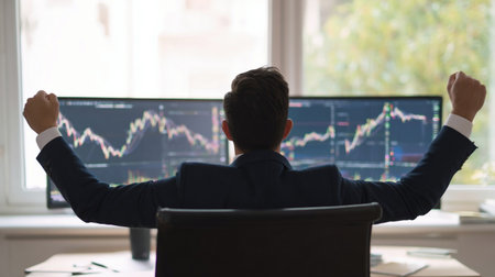 Back view of Successful Business Trader Celebrating Stock Market Growth Financial Success Investment Winの素材