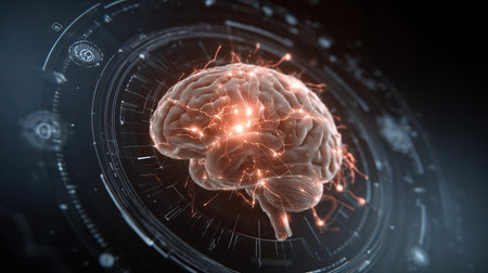 Glowing neural lines driving brain rotating while medical icons orbit showing brain connectivity. Neuroscience, data visualization, digital health, cognitive, technological, innovation, medicalの素材