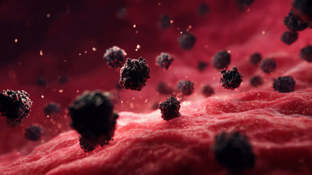 3d animation depicts the growth of malignant cancer cells aggressively spreading across tissue. The black structures represent metastases infiltrating the inflamed, bright red surface of the organの素材