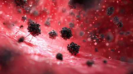 3d animation depicts the growth of malignant cancer cells aggressively spreading across tissue. The black structures represent metastases infiltrating the inflamed, bright red surface of the organの素材