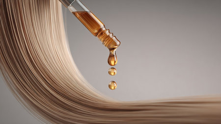 Hair care, hair growth oil drop to root, Nourish hair action of shampoo or serum. Repair damaged hair.の素材