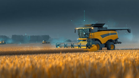 Innovation autonomous self-driving combine harvester of the future with autopilot harvests grain field, scanning the environment with sensors. Smart farming, controlled by artificial intelligenceの素材