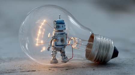 AI technology, deep learning, artificial intelligence assistant workflow system concept. Robot inside lightbulbの素材
