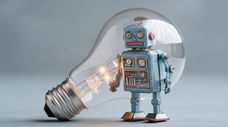 AI technology, deep learning, artificial intelligence assistant workflow system concept. Robot inside lightbulbの素材