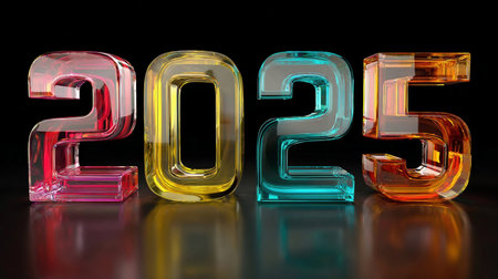 2025 glass numbers with colorful reflections. 3d rendering illustration.の素材