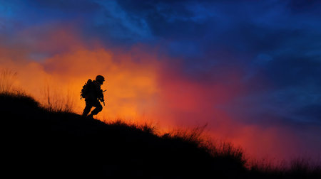 Silhouette of a soldier on the hill, sunset timeの素材
