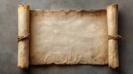 Ancient scroll parchment over old paper background. Ancient scroll of paper with place for textの素材