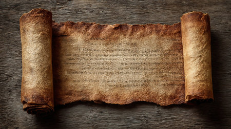 Ancient scroll parchment over old paper background. Ancient scroll of paper with place for textの素材
