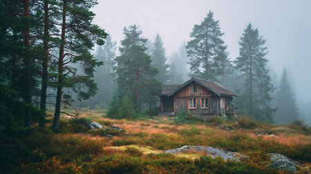 Old Wooden house in the middle of a pine forest when it rains with fogの素材