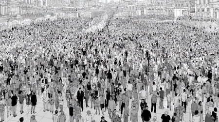 Illustration of large mass of people from wide angle in black and white colorsの素材