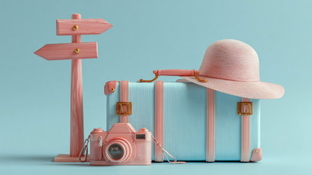 suitcase and hat, camera with signpost on pastel blue background. travel concept.の素材