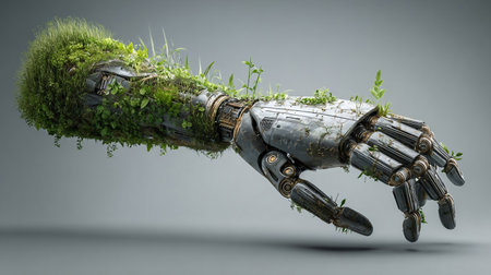 Green technology conceptual design, human arm covered with grass and lush and robotic hand, 3d renderの素材