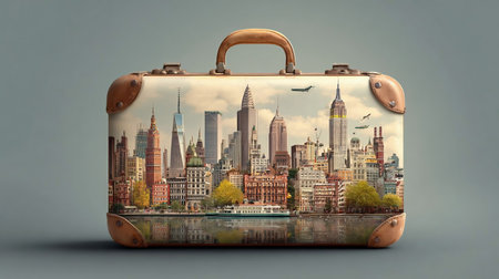 Photoreal suitcase with different travel destination elements. World travel conceptの素材