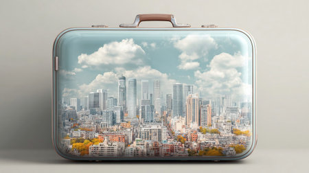 Photoreal suitcase with different travel destination elements. World travel conceptの素材