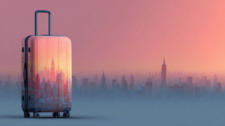 Photoreal suitcase with different travel destination elements. World travel conceptの素材