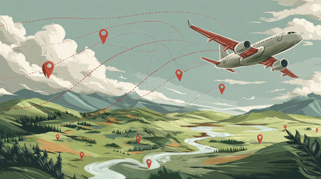 Plane flies over a landscape with map pointers and dashed lines. Motivation or travel concept.の素材