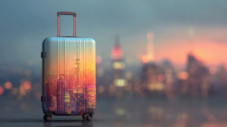 Photoreal suitcase with different travel destination elements. World travel conceptの素材