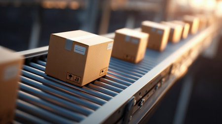 Cardboard boxes on conveyor belt rollers - Shipping goods, parcels, delivery concept.の素材