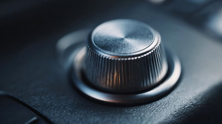 This closeup shows a shiny metal control knob. Button knob on maximum highest position. Concept of high level of somethingの素材