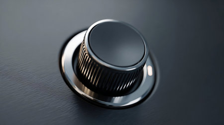 This closeup shows a shiny metal control knob. Button knob on maximum highest position. Concept of high level of somethingの素材