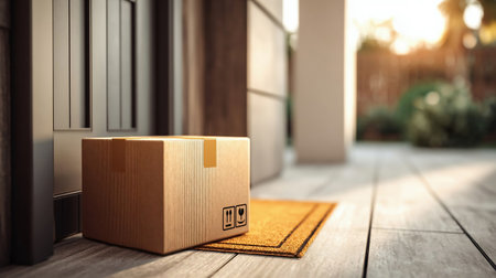 Cardboard boxes delivered on a doorstep, ready for the recipient. Online purchase delivery service concept. Cardboard parcel box delivered outside the door. Parcel near entrance door.の素材
