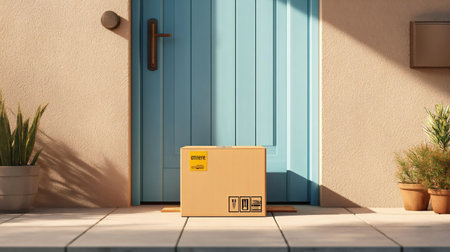 Cardboard boxes delivered on a doorstep, ready for the recipient. Online purchase delivery service concept. Cardboard parcel box delivered outside the door. Parcel near entrance door.の素材