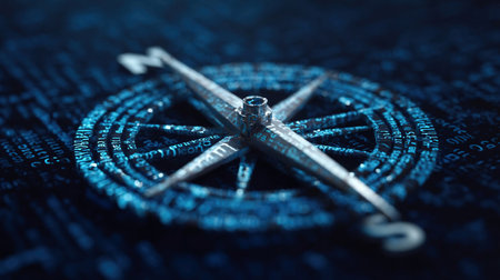 Compass On Black Background, Compass Copy Space. E-Business concept. Compass Direction On Digital Code Blue Background. 3d renderingの素材