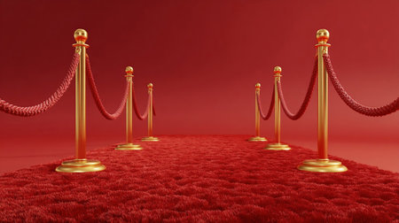 Red Event Carpet, Stair and Gold Rope Barrier Concept of Success and Triumph, Red carpet and red velvet rope barrier with golden poles.の素材