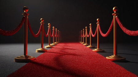 Red Event Carpet, Stair and Gold Rope Barrier Concept of Success and Triumph, Red carpet and red velvet rope barrier with golden poles.の素材