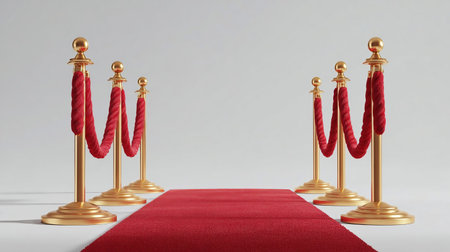 Red Event Carpet, Stair and Gold Rope Barrier Concept of Success and Triumph, Red carpet and red velvet rope barrier with golden poles.の素材