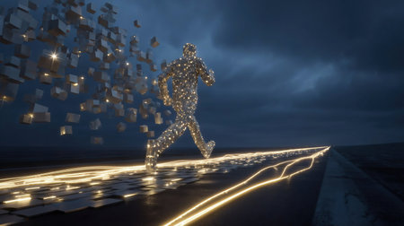 Man made of cubes runs along a digital road, leaving behind glowing trails. Copy space, sprinting, sport, competition, running, racing, shape concept.の素材