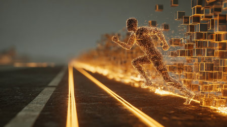 Man made of cubes runs along a digital road, leaving behind glowing trails. Copy space, sprinting, sport, competition, running, racing, shape concept.の素材